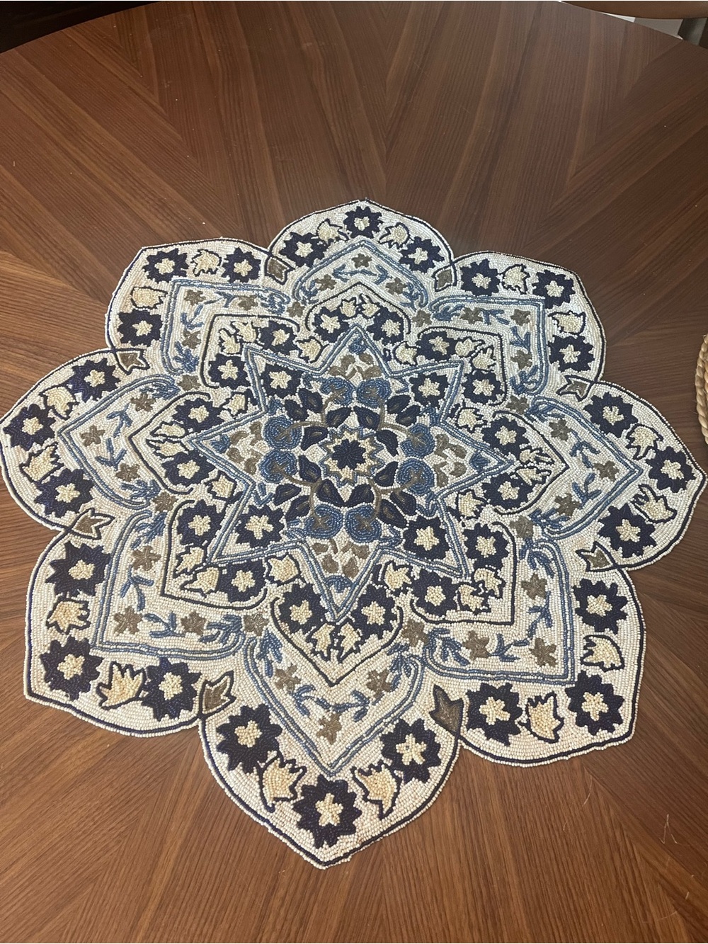 Hand Beaded Bowrings Floral Star Table Mat in Blue and Cream